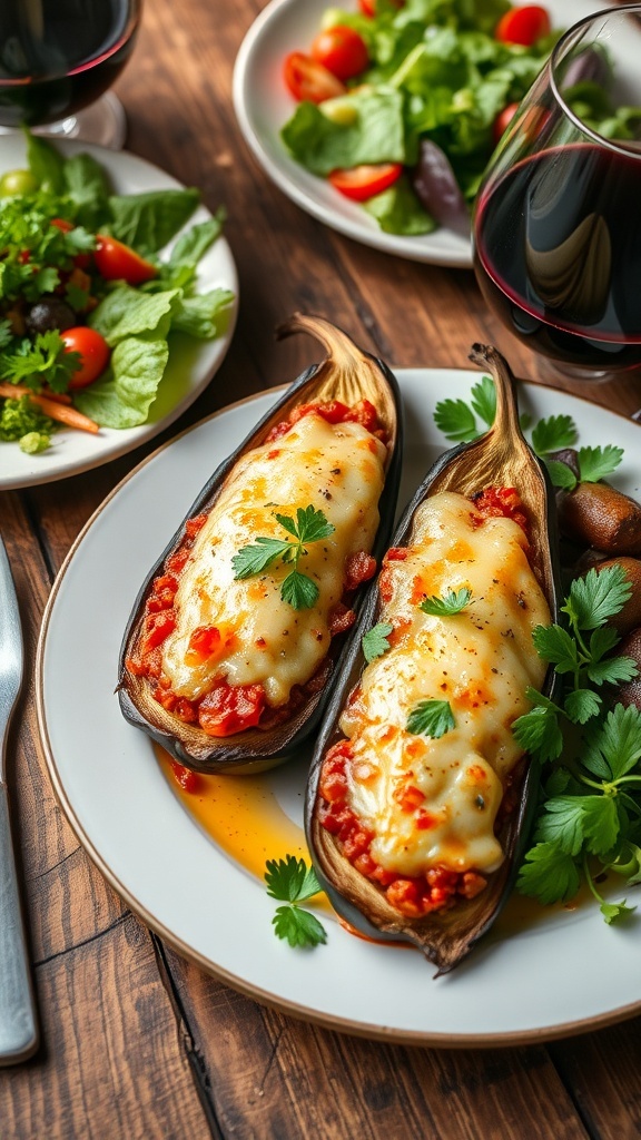 Stuffed eggplant halves with melted cheese and garnished with parsley on a wooden table.